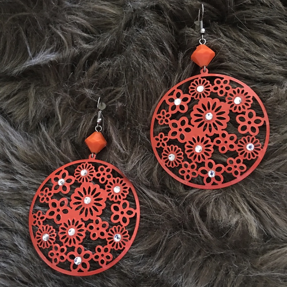 Large orange disc rhinestone fish hook earrings